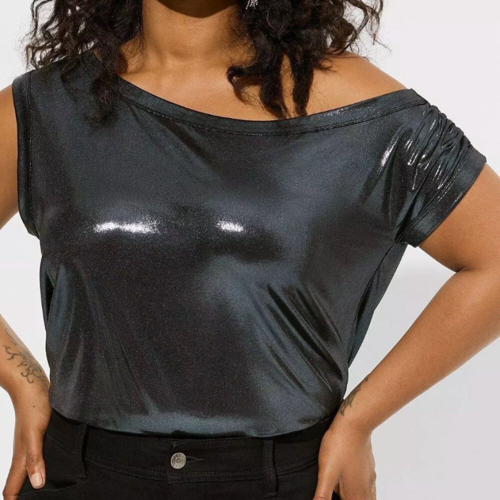 TORRID LIQUID SHINE OFF SHOULDER TOP Plus Size: 2